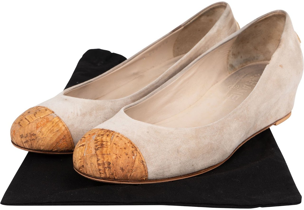 Chanel Beige Suede Cork Cap Toe Wedge Ballerina Flats (37) Beige