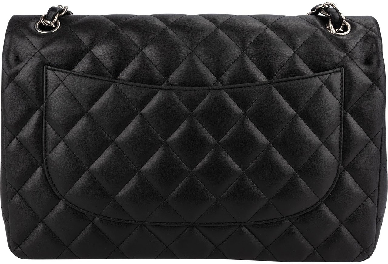 Chanel Quilted Lambskin Palladium Jumbo Double Flap Crossbody Bag Zwart