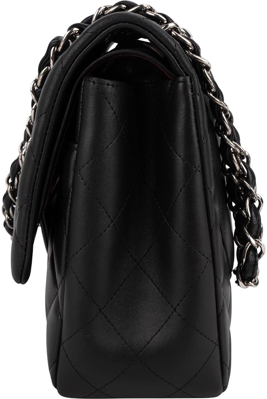 Chanel Quilted Lambskin Palladium Jumbo Double Flap Crossbody Bag Zwart