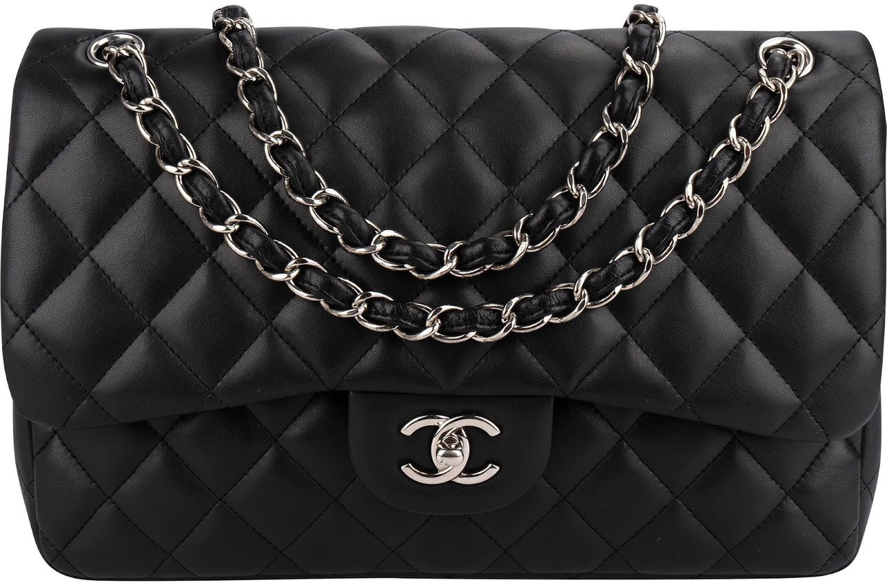 Chanel Quilted Lambskin Palladium Jumbo Double Flap Crossbody Bag Zwart