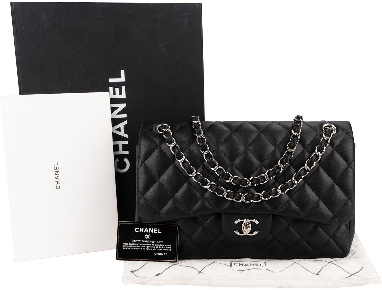 Chanel Quilted Lambskin Palladium Jumbo Double Flap Crossbody Bag Zwart