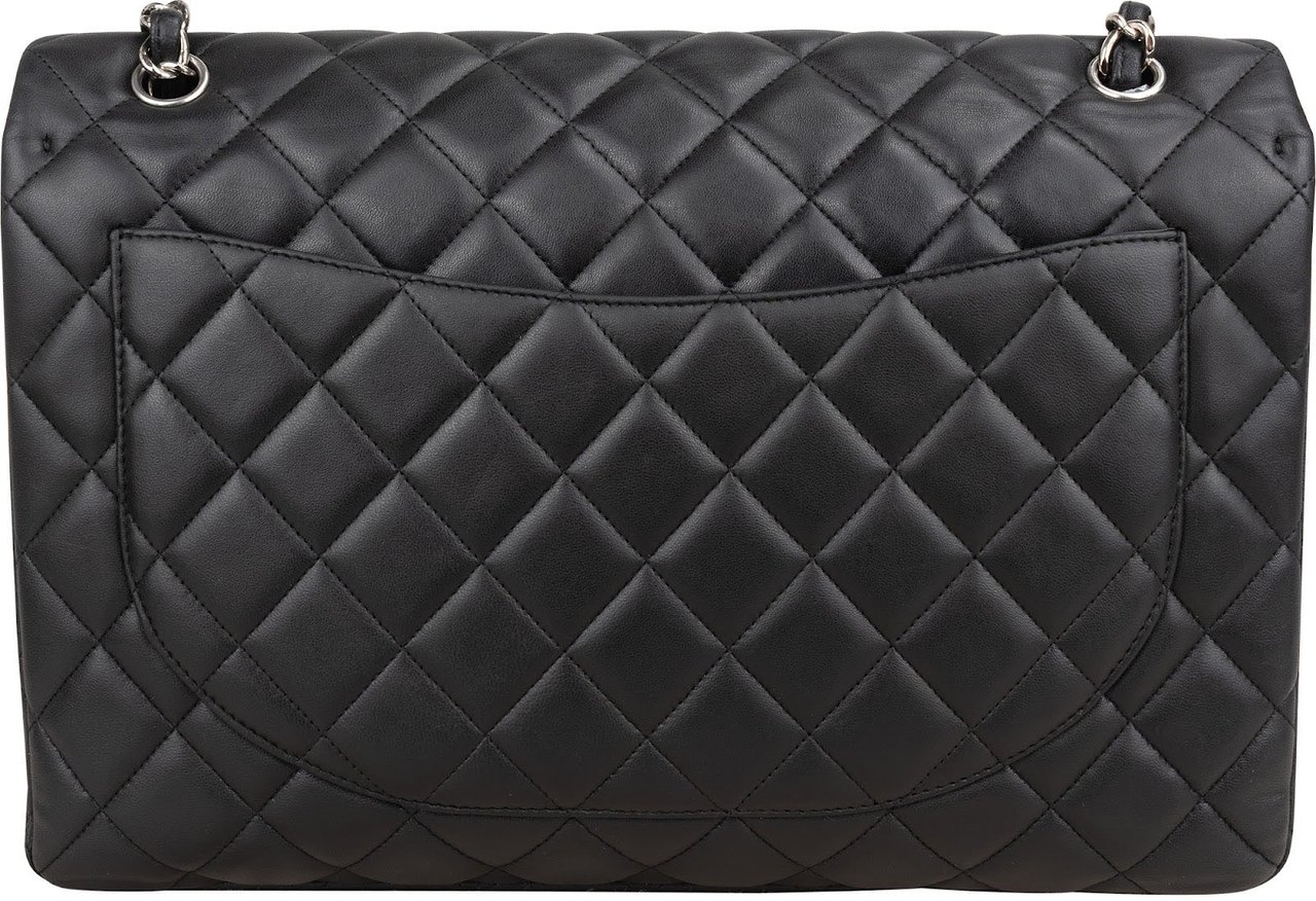 Chanel Quilted Lambskin Palladium Maxi Single Flap Crossbody Bag Zwart