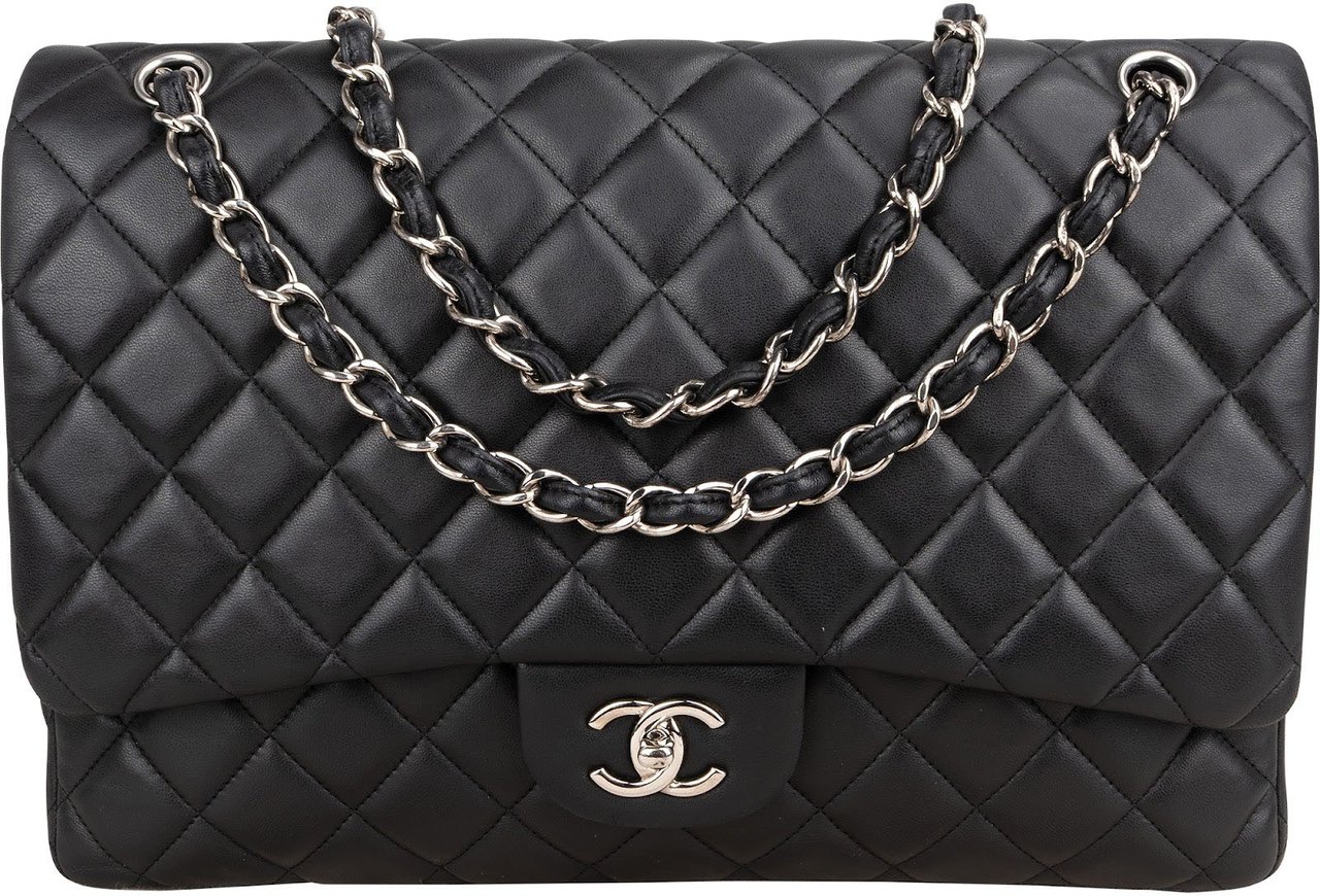 Chanel Quilted Lambskin Palladium Maxi Single Flap Crossbody Bag Zwart