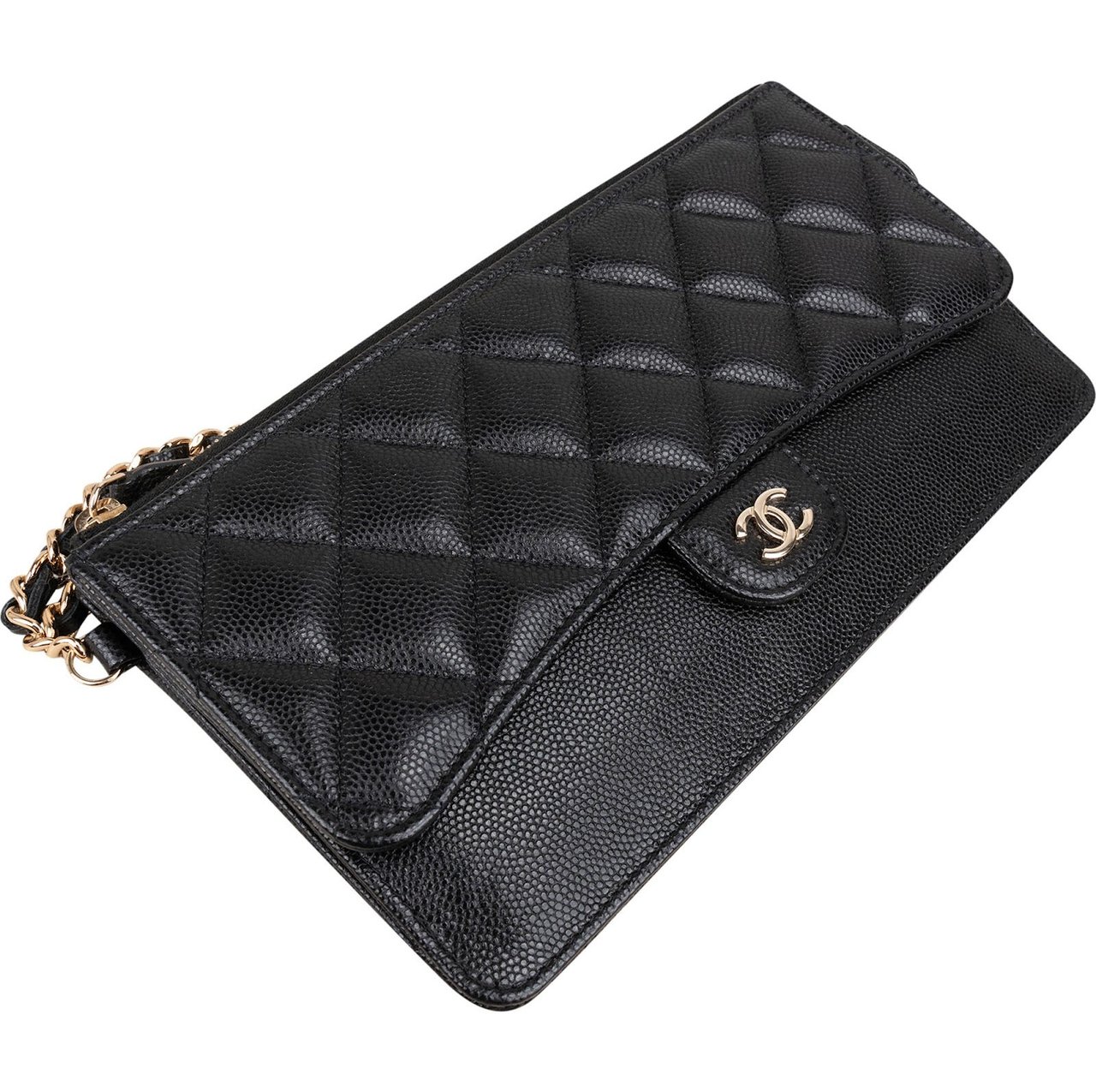 Chanel Quilted Caviar Leather Single Flap Zip Wallet Wristled Clutch Zwart