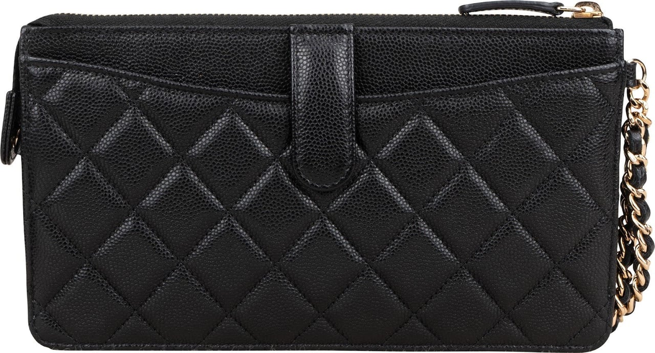 Chanel Quilted Caviar Leather Single Flap Zip Wallet Wristled Clutch Zwart
