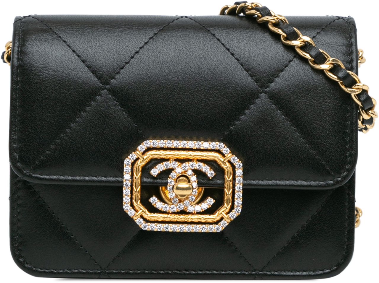 Chanel Quilted Calfskin Strass Card Holder On Chain Zwart
