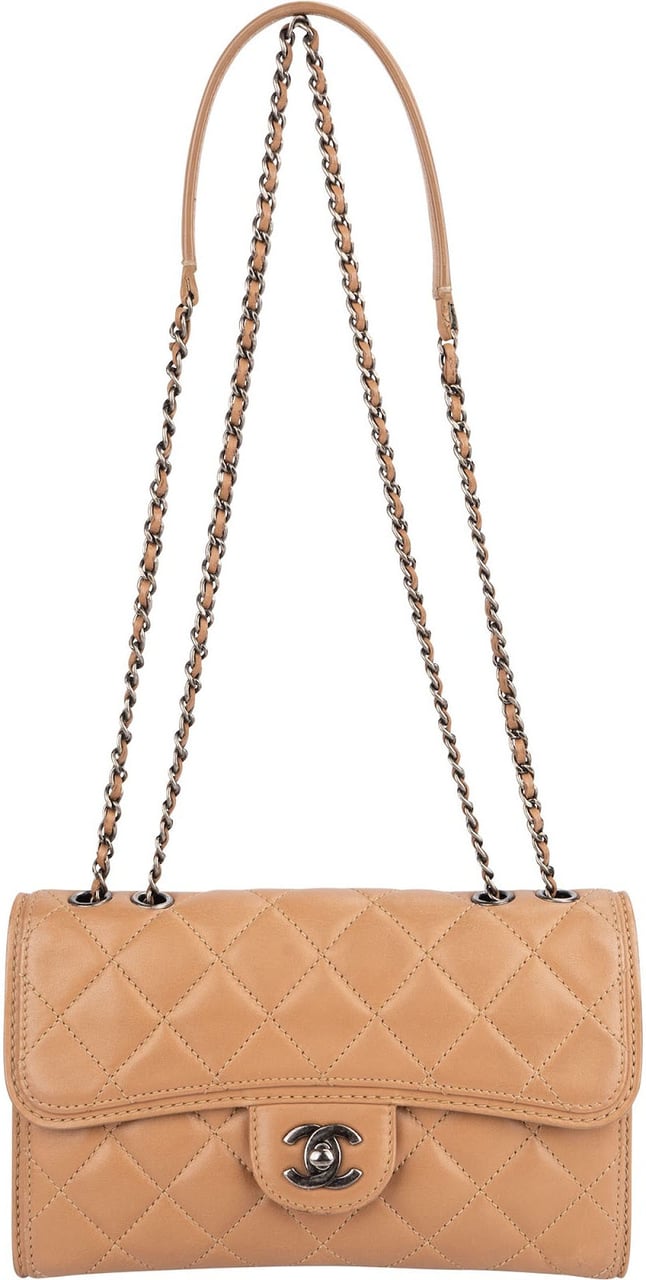 Chanel Quilted Lambskin Antique Hardware Single Flap Crossbody Bag Beige