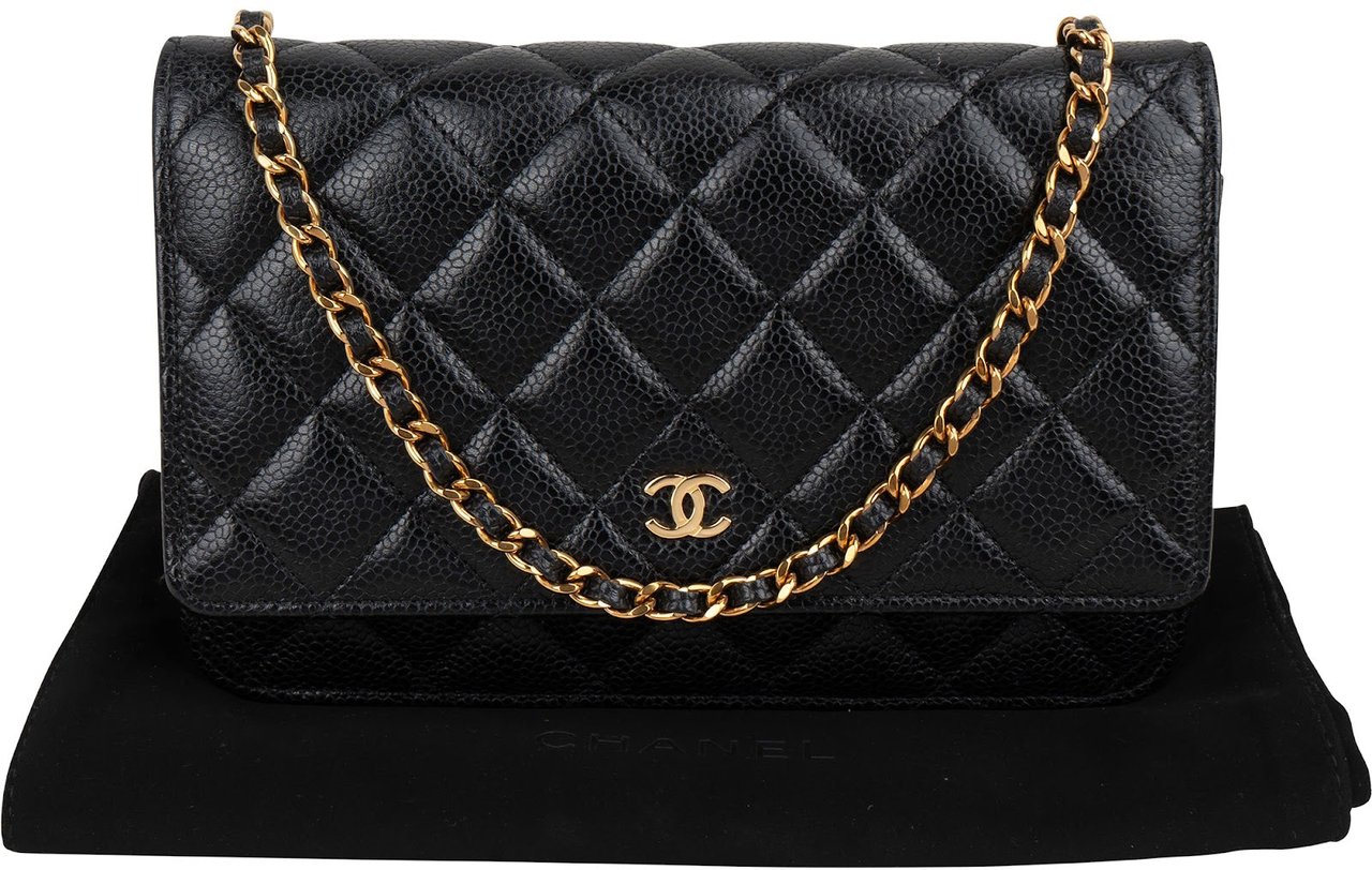 Chanel Quilted Caviar Leather Wallet On Chain Crossbody Bag Zwart
