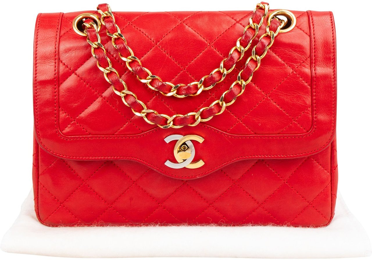 Chanel Quilted Lambskin Bicolor Double Flap Crossbody Bag Rood