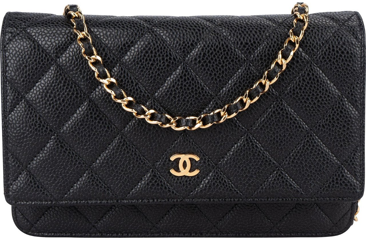 Chanel Quilted Caviar Leather Wallet On Chain Crossbody Bag Zwart