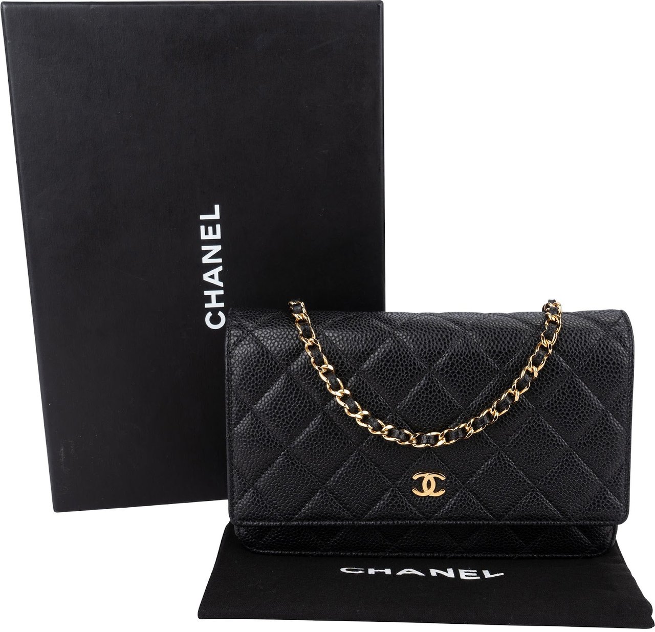 Chanel Quilted Caviar Leather Wallet On Chain Crossbody Bag Zwart