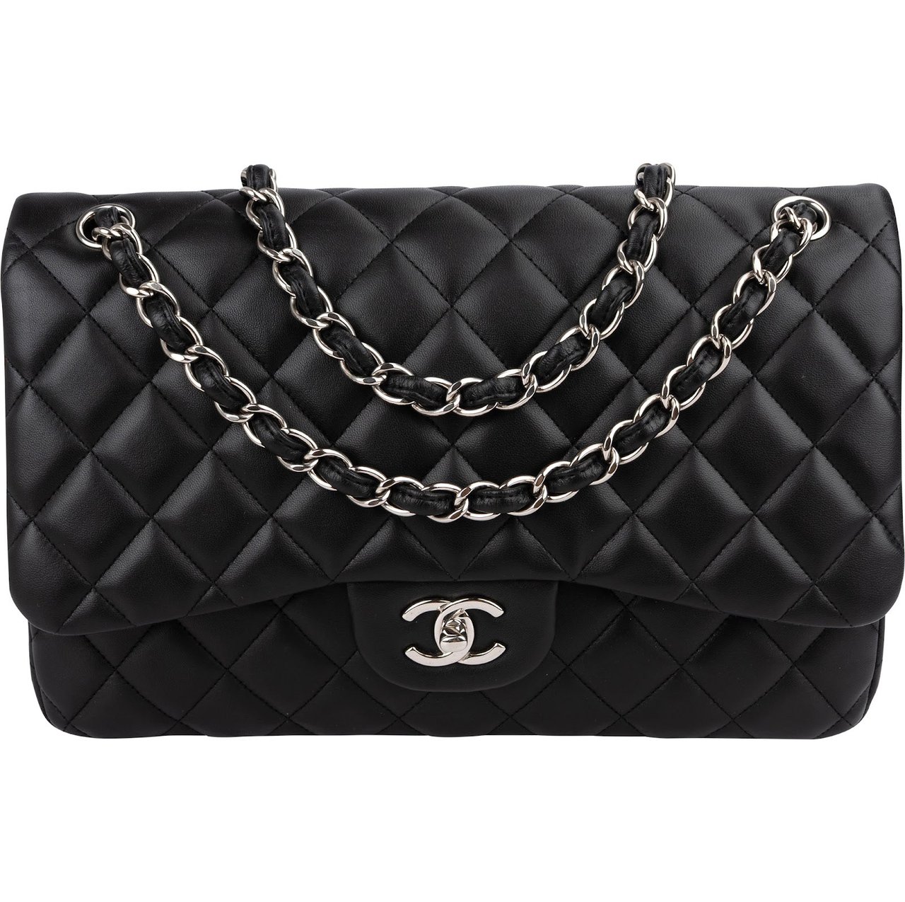 Chanel Quilted Lambskin Palladium Jumbo Double Flap Crossbody Bag Zwart