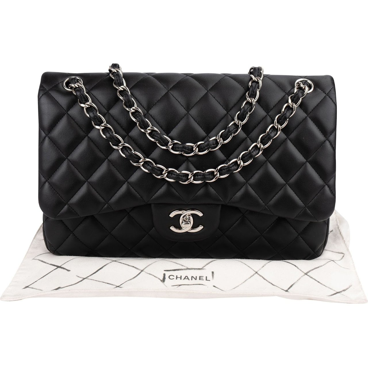 Chanel Quilted Lambskin Palladium Jumbo Double Flap Crossbody Bag Zwart