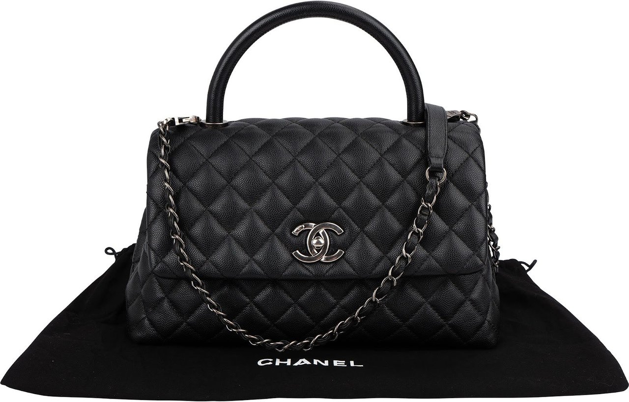 Chanel Quilted Caviar Leather Palladium Coco Handle Single Flap Handbag Zwart