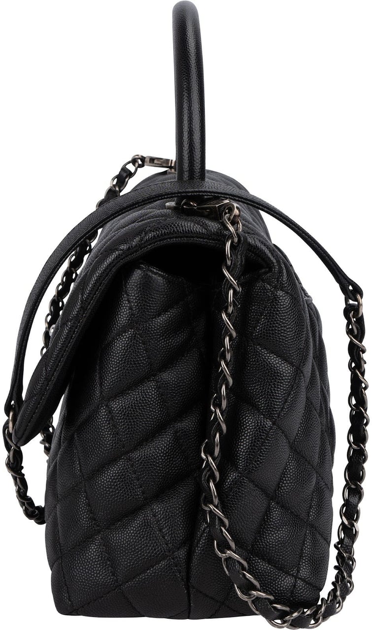 Chanel Quilted Caviar Leather Palladium Coco Handle Single Flap Handbag Zwart