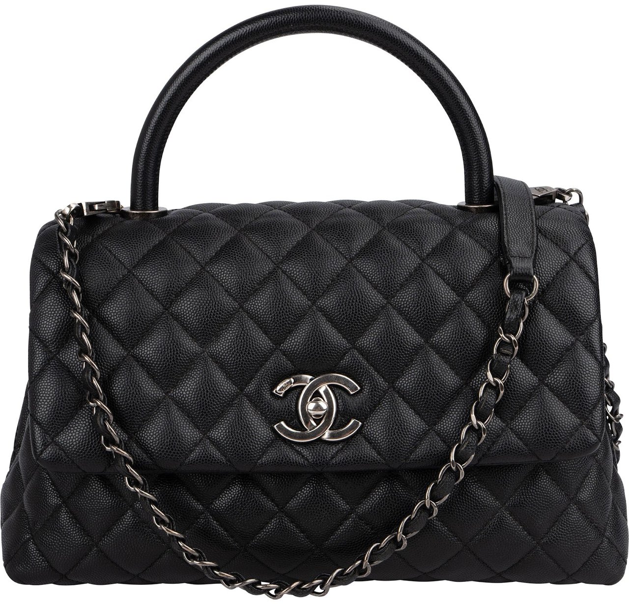 Chanel Quilted Caviar Leather Palladium Coco Handle Single Flap Handbag Zwart