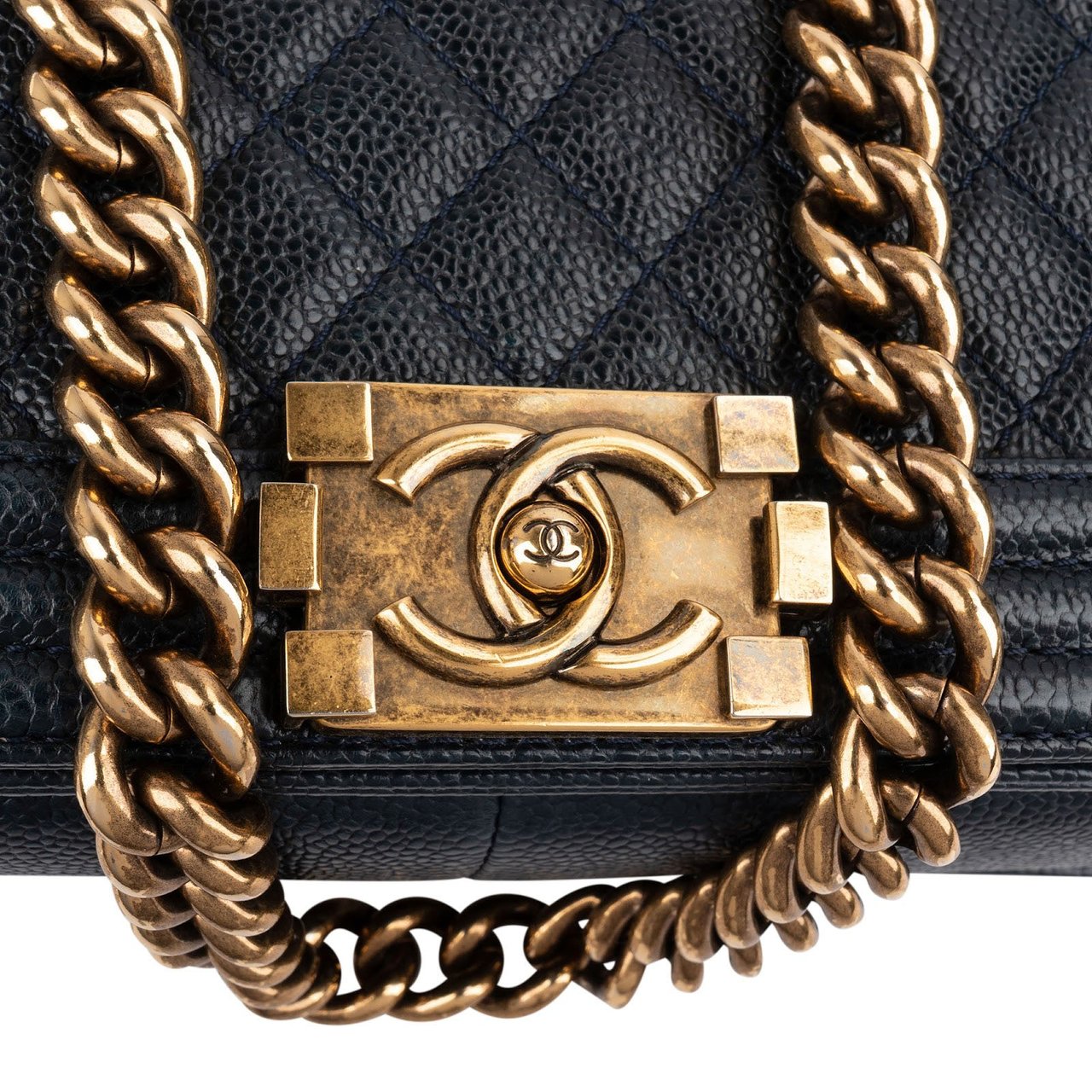 Chanel Quilted Navy Caviar Leather Large Boy Single Flap Crossbody Bag Navy