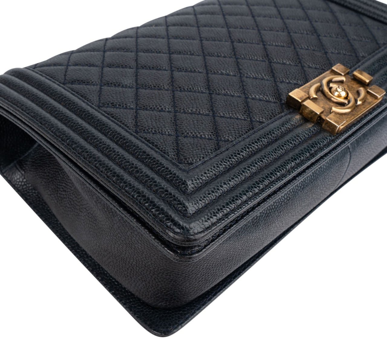 Chanel Quilted Navy Caviar Leather Large Boy Single Flap Crossbody Bag Navy