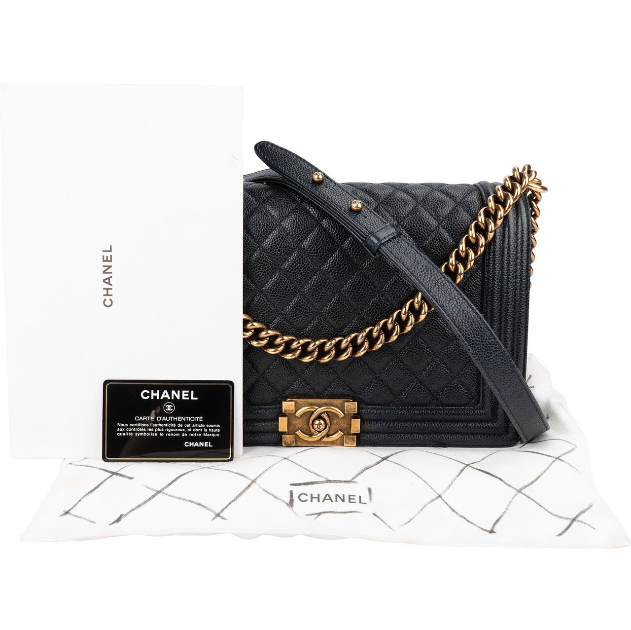 Chanel Quilted Navy Caviar Leather Large Boy Single Flap Crossbody Bag Navy
