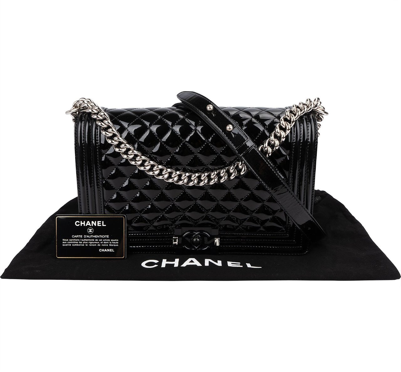 Chanel Quilted Patent Caviar Leather Large Boy Single Flap Crossbody Bag Zwart