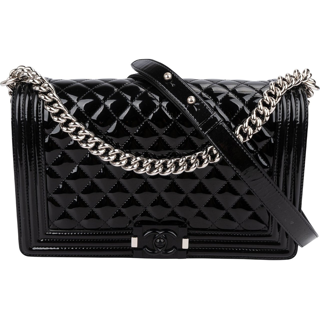 Chanel Quilted Patent Caviar Leather Large Boy Single Flap Crossbody Bag Zwart