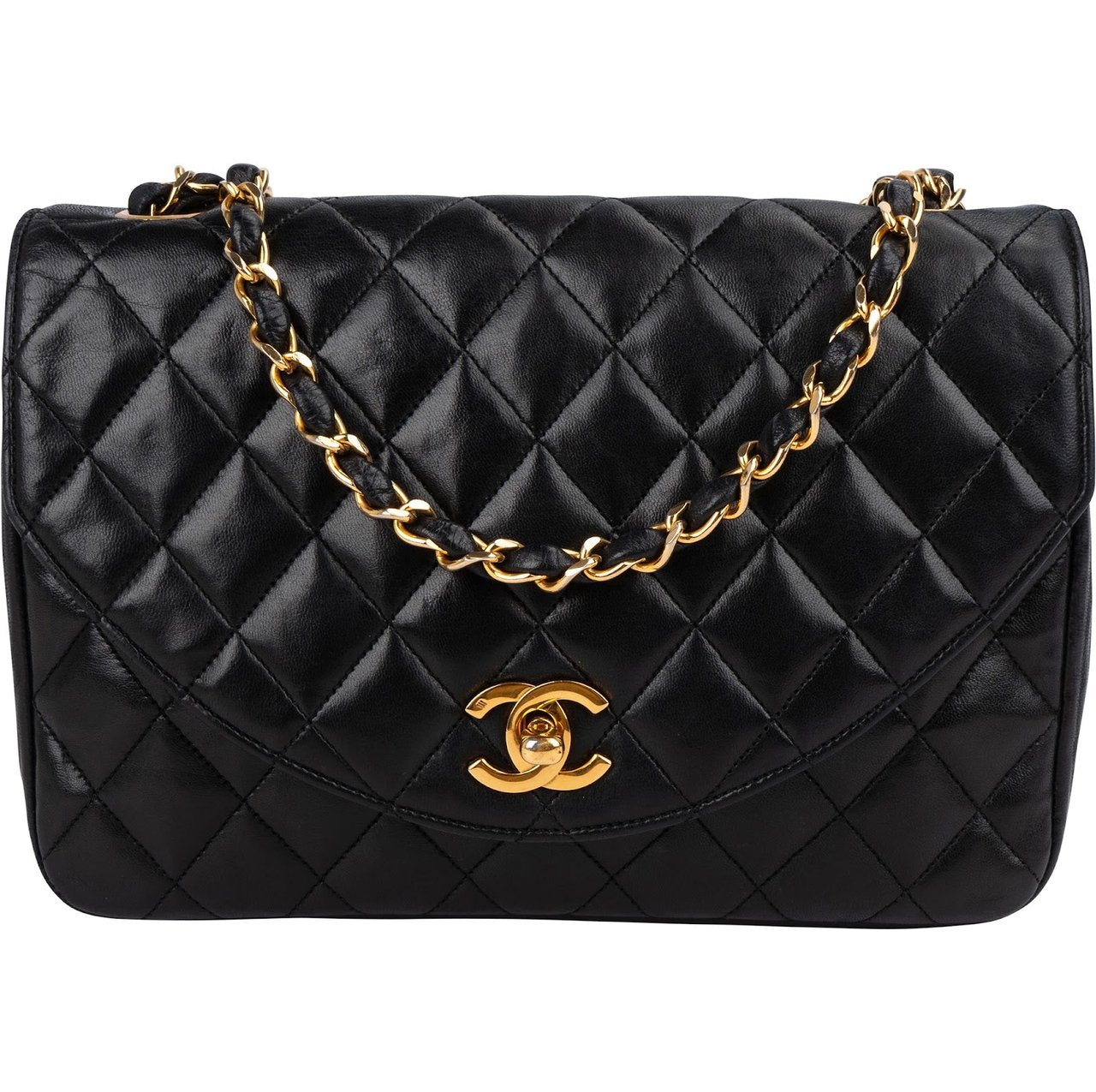 Chanel Quilted Lambskin Diana 24K Gold Single Flap Crossbody Bag Zwart