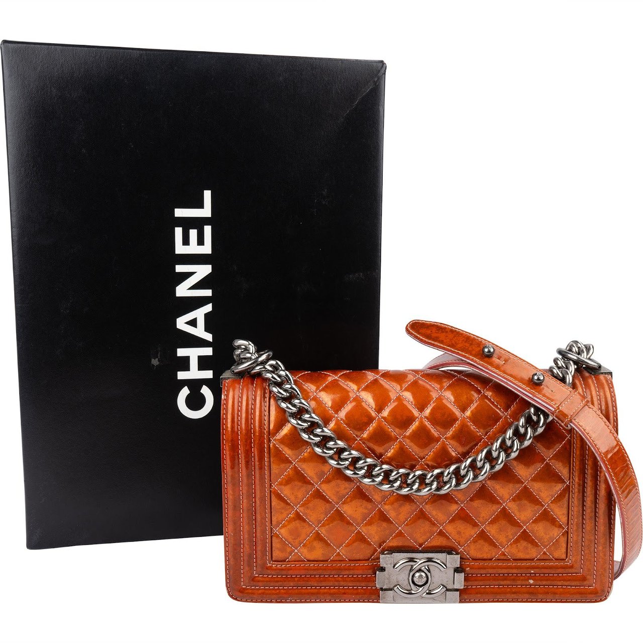 Chanel Quilted Patent Leather Medium Boy Crossbody Bag Oranje