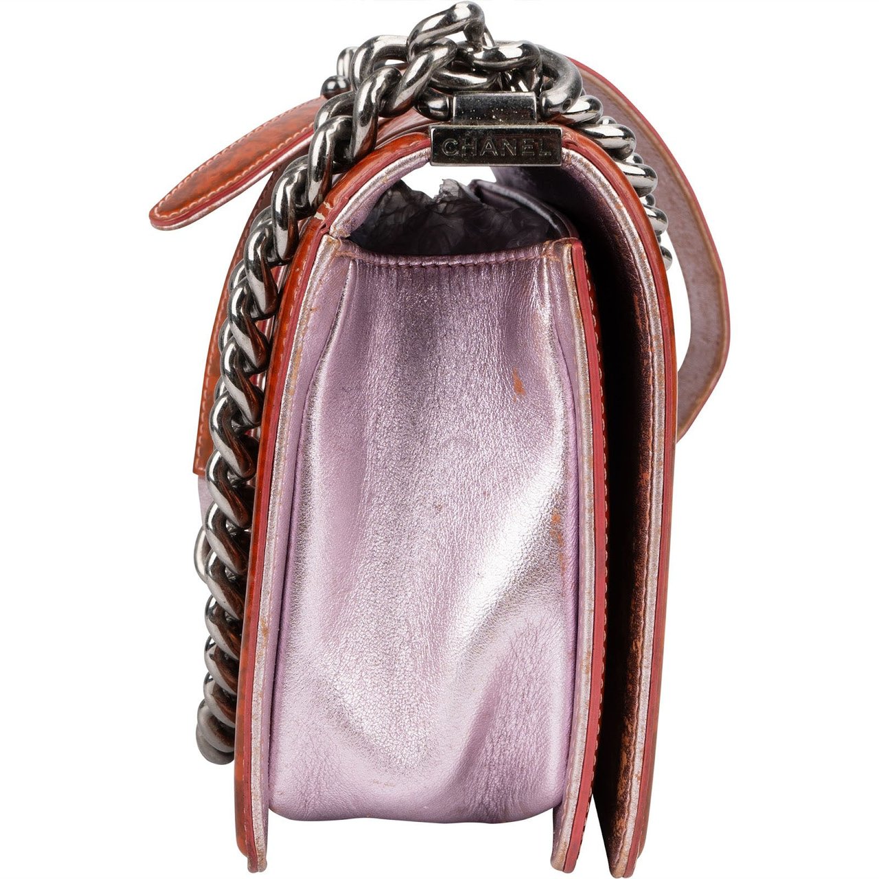 Chanel Quilted Patent Leather Medium Boy Crossbody Bag Oranje