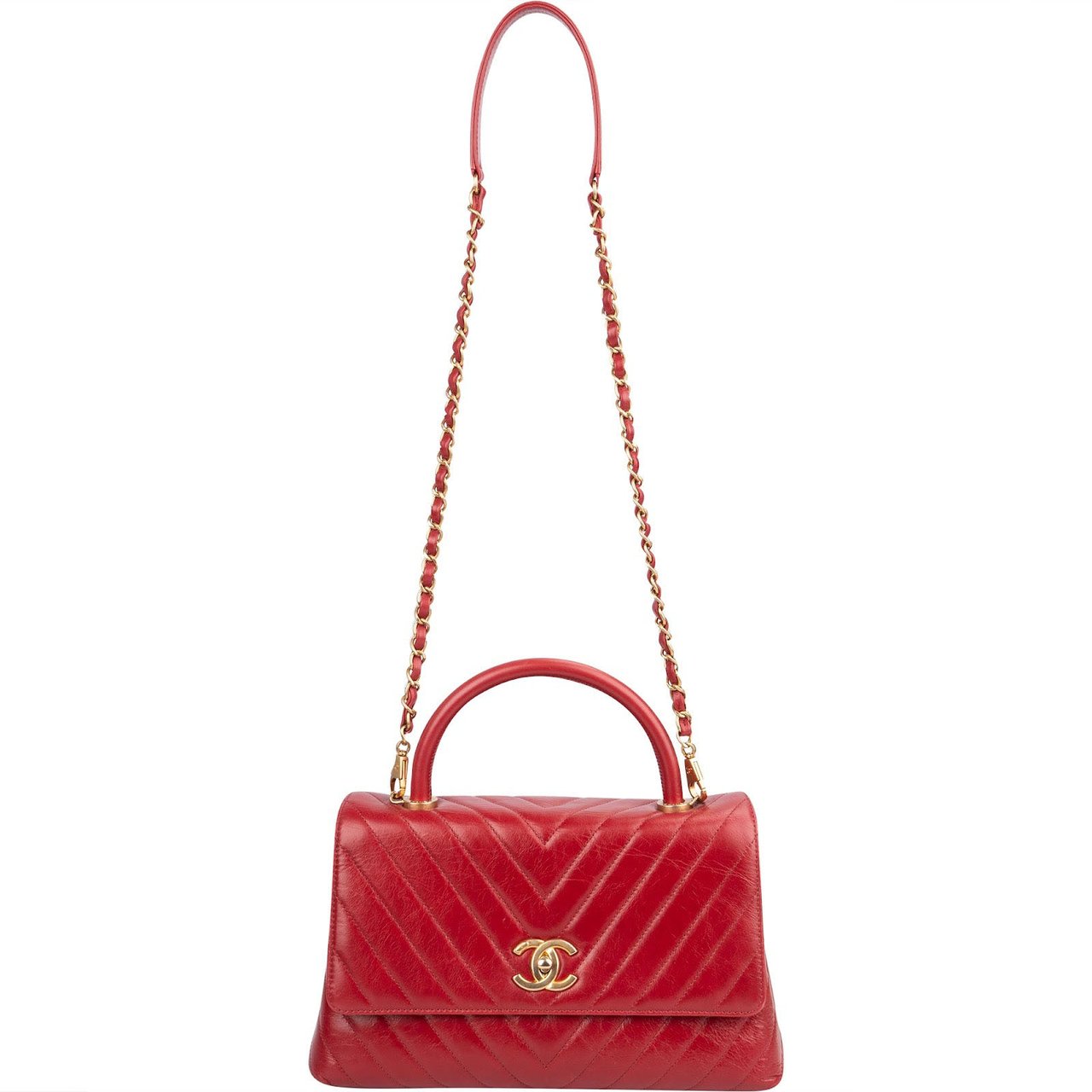 Chanel Quilted Calfskin Chevron Coco Handle Single Flap Handbag Rood