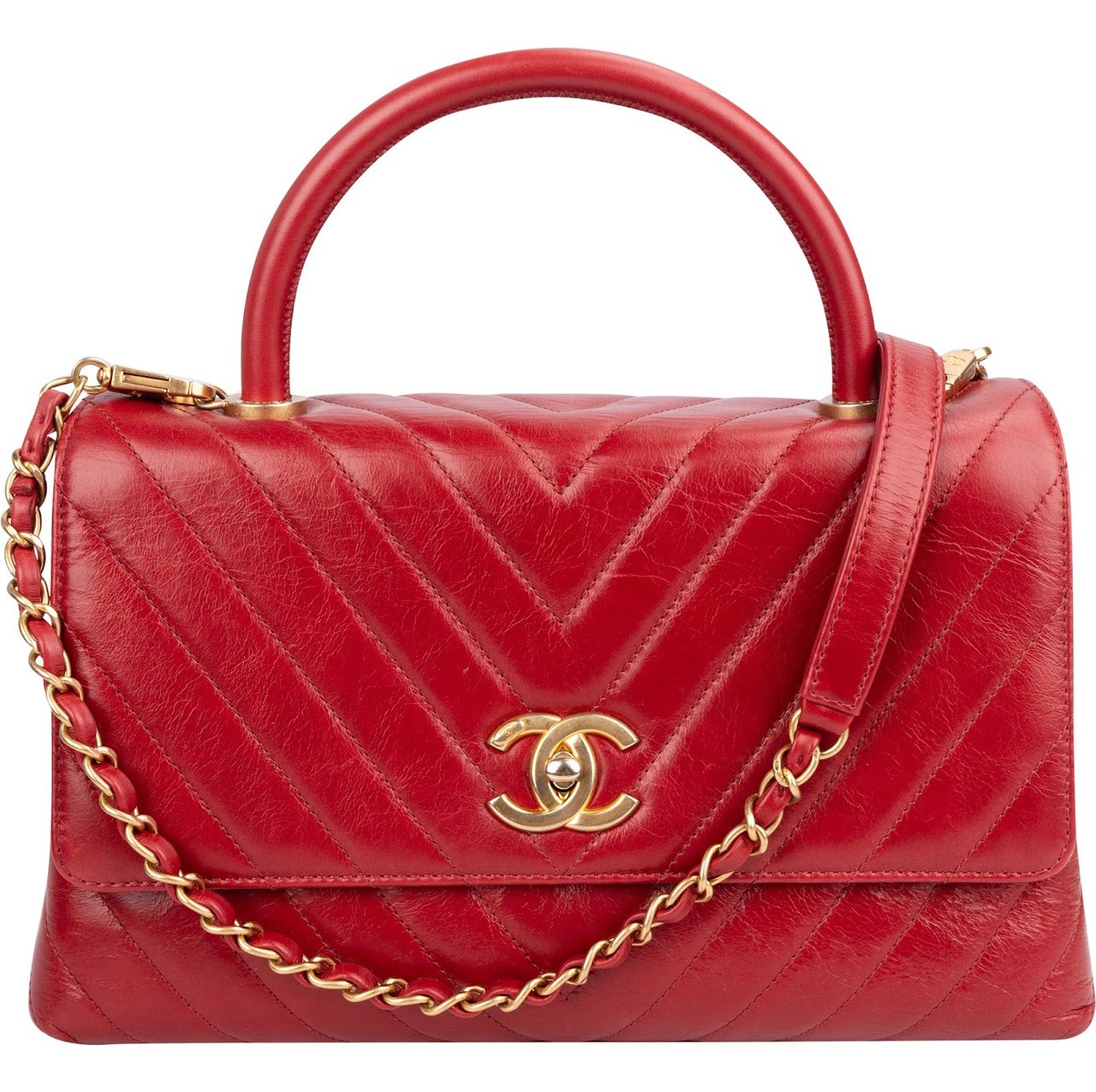 Chanel Quilted Calfskin Chevron Coco Handle Single Flap Handbag Rood