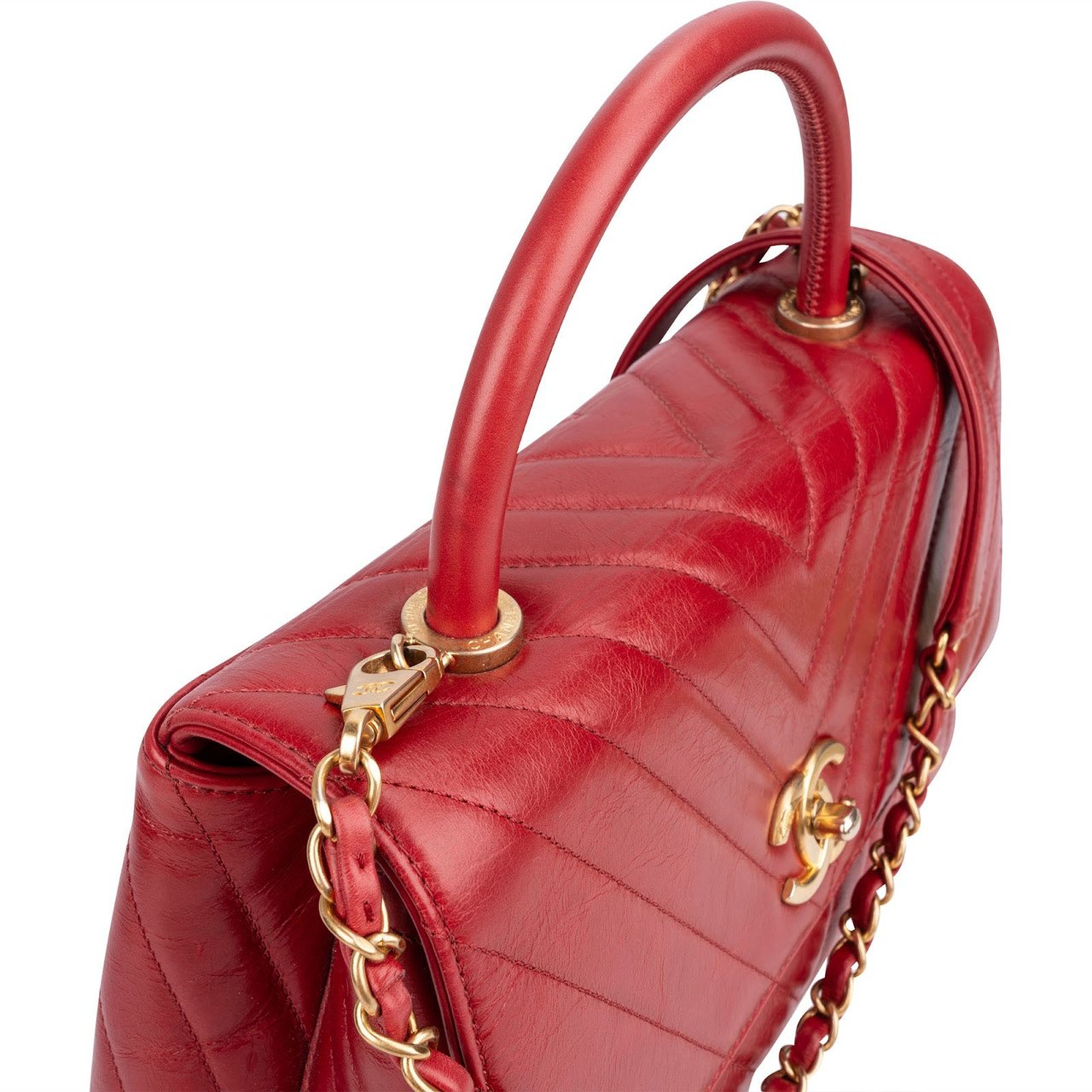 Chanel Quilted Calfskin Chevron Coco Handle Single Flap Handbag Rood