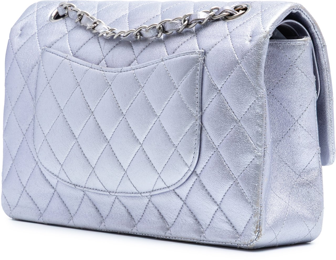 Chanel Medium Classic Metallic Calfskin Double Flap Zilver