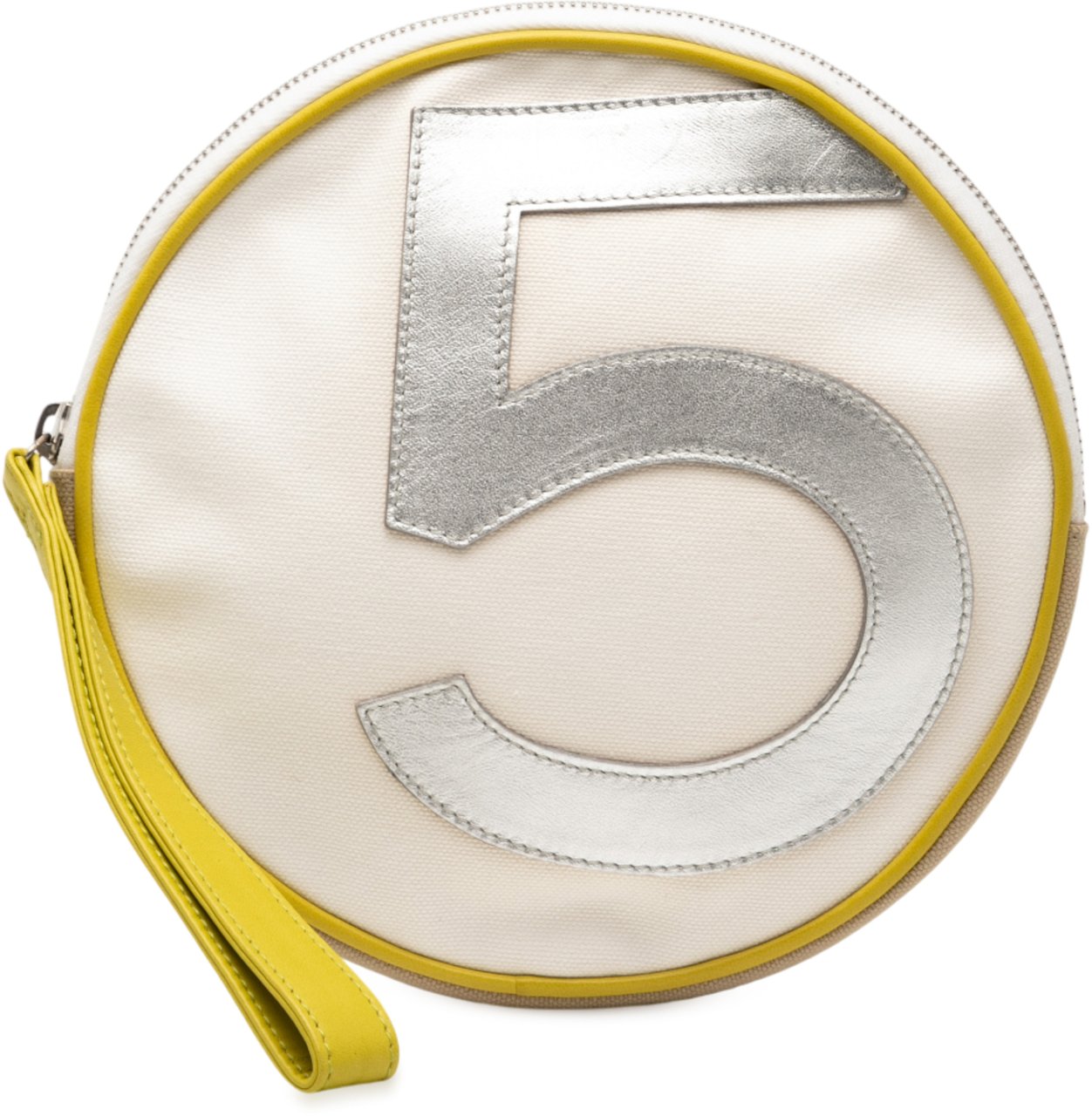 Chanel CC Canvas and Metallic Calfskin No. 5 Wristlet Pouch Bruin