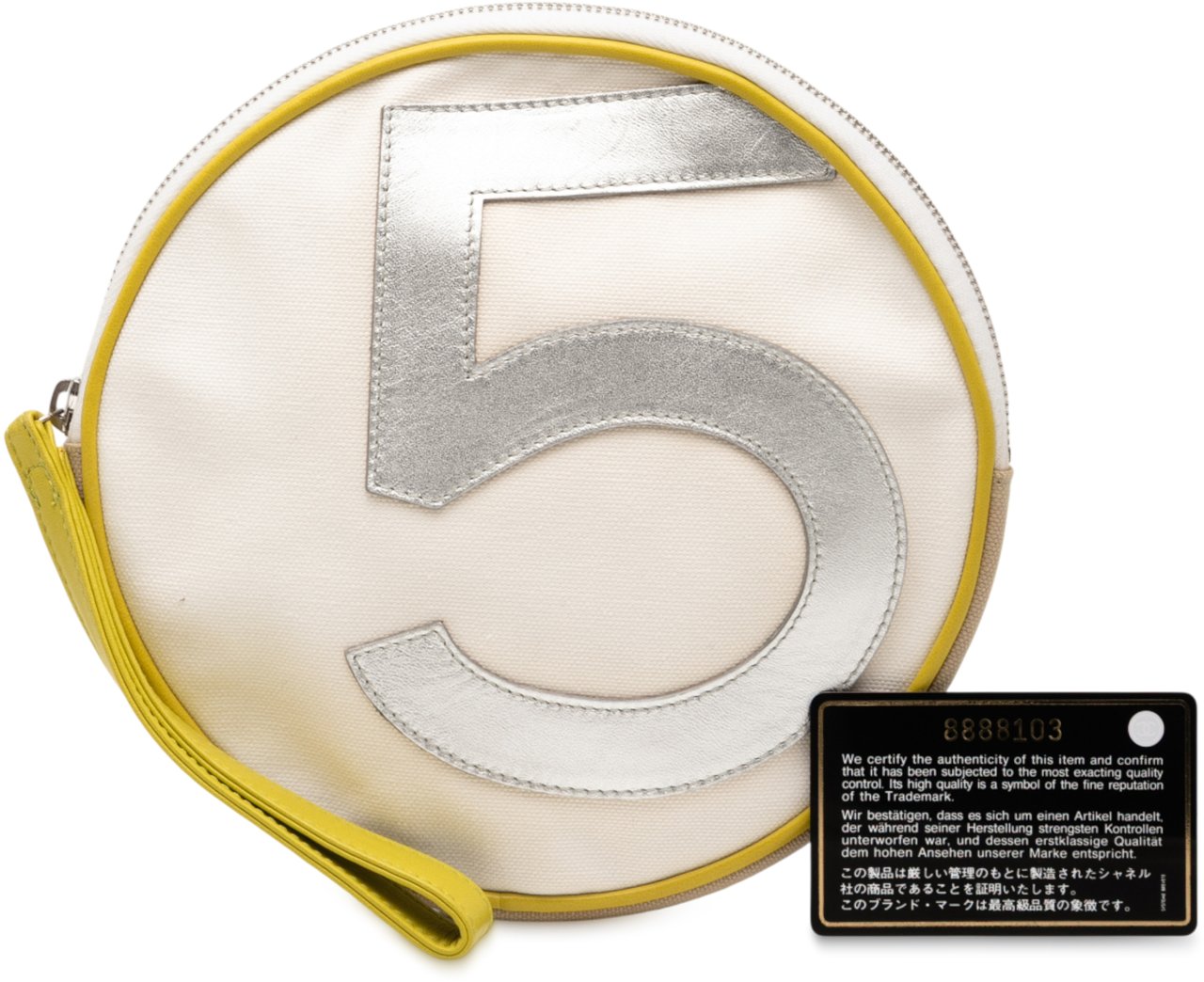 Chanel CC Canvas and Metallic Calfskin No. 5 Wristlet Pouch Bruin