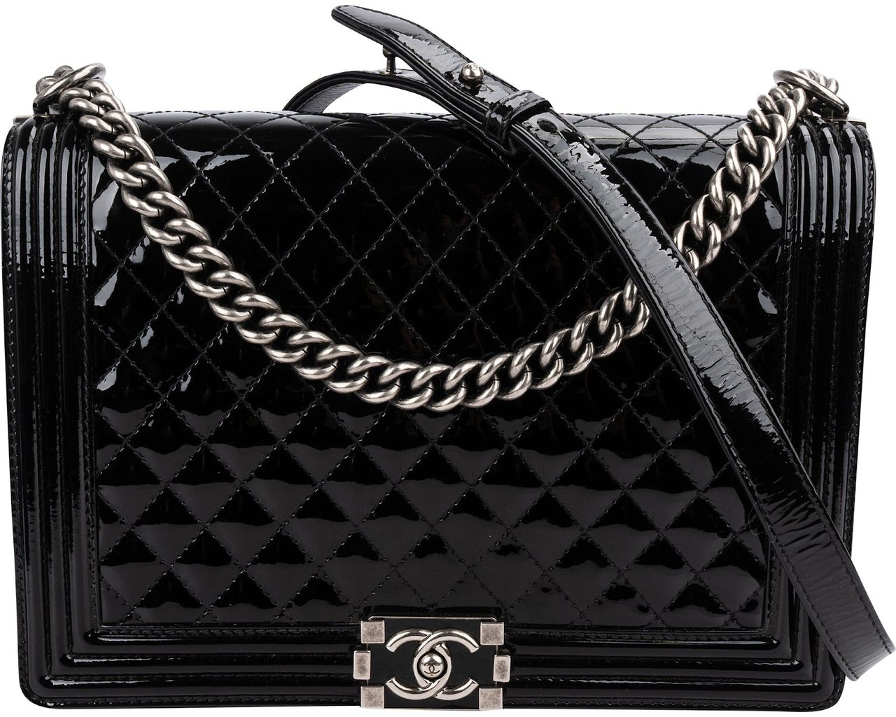 Chanel Quilted Patent Leather Jumbo Boy Single Flap Crossbody Bag Zwart