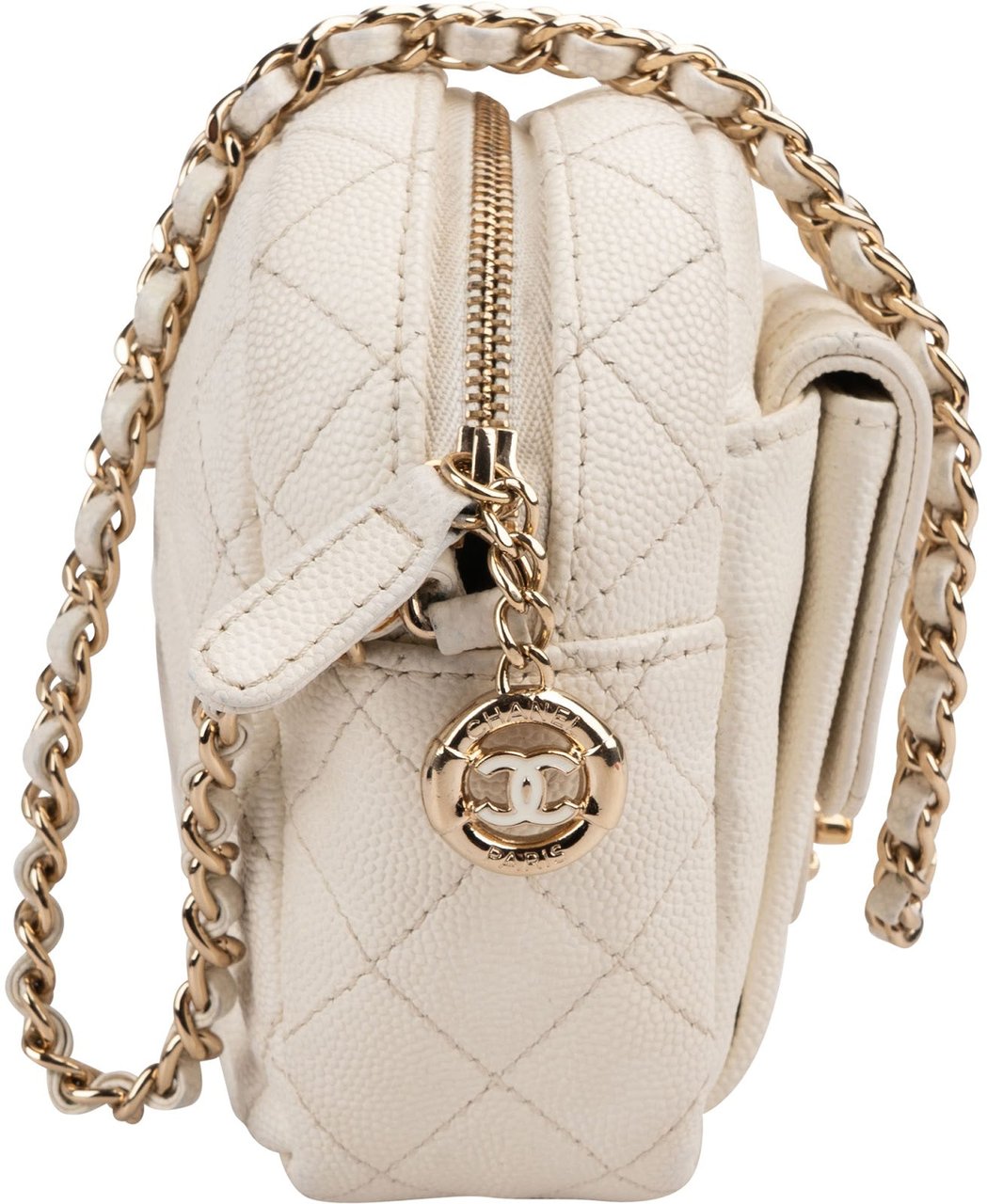 Chanel Quilted Caviar Leather Small Round Camera Crossbody Bag Beige