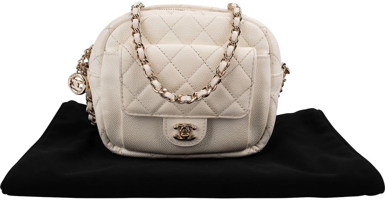 Chanel Quilted Caviar Leather Small Round Camera Crossbody Bag Beige