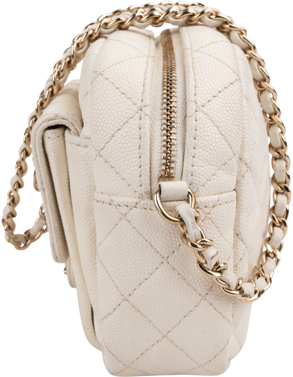 Chanel Quilted Caviar Leather Small Round Camera Crossbody Bag Beige
