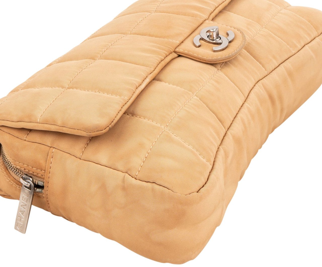 Chanel Quilted Nylon Chocolate Bar Jumbo Flap Shoulder Bag Beige