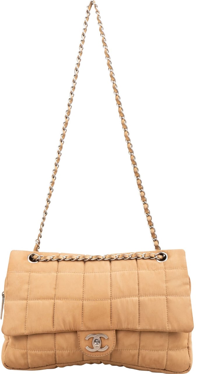 Chanel Quilted Nylon Chocolate Bar Jumbo Flap Shoulder Bag Beige