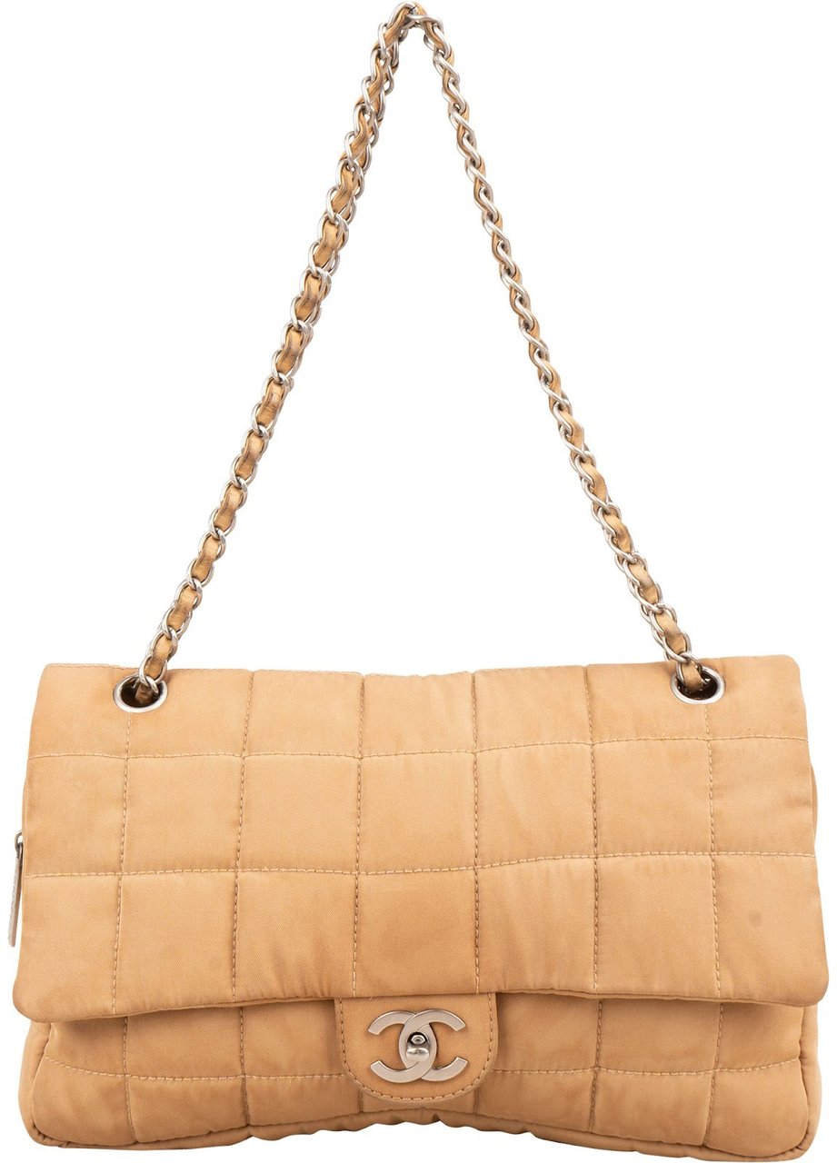 Chanel Quilted Nylon Chocolate Bar Jumbo Flap Shoulder Bag Beige