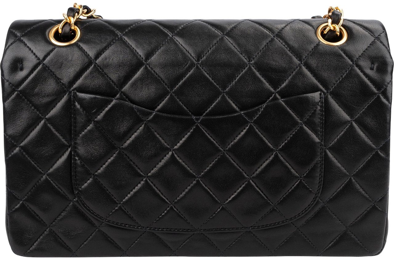 Chanel Quilted Lambskin Medium 24K Gold Double Flap Shoulder Bag Zwart
