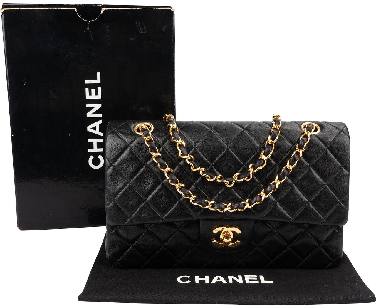 Chanel Quilted Lambskin Medium 24K Gold Double Flap Shoulder Bag Zwart