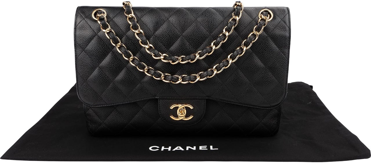 Chanel Quilted Caviar Leather Jumbo Double Flap Crossbody Bag Zwart