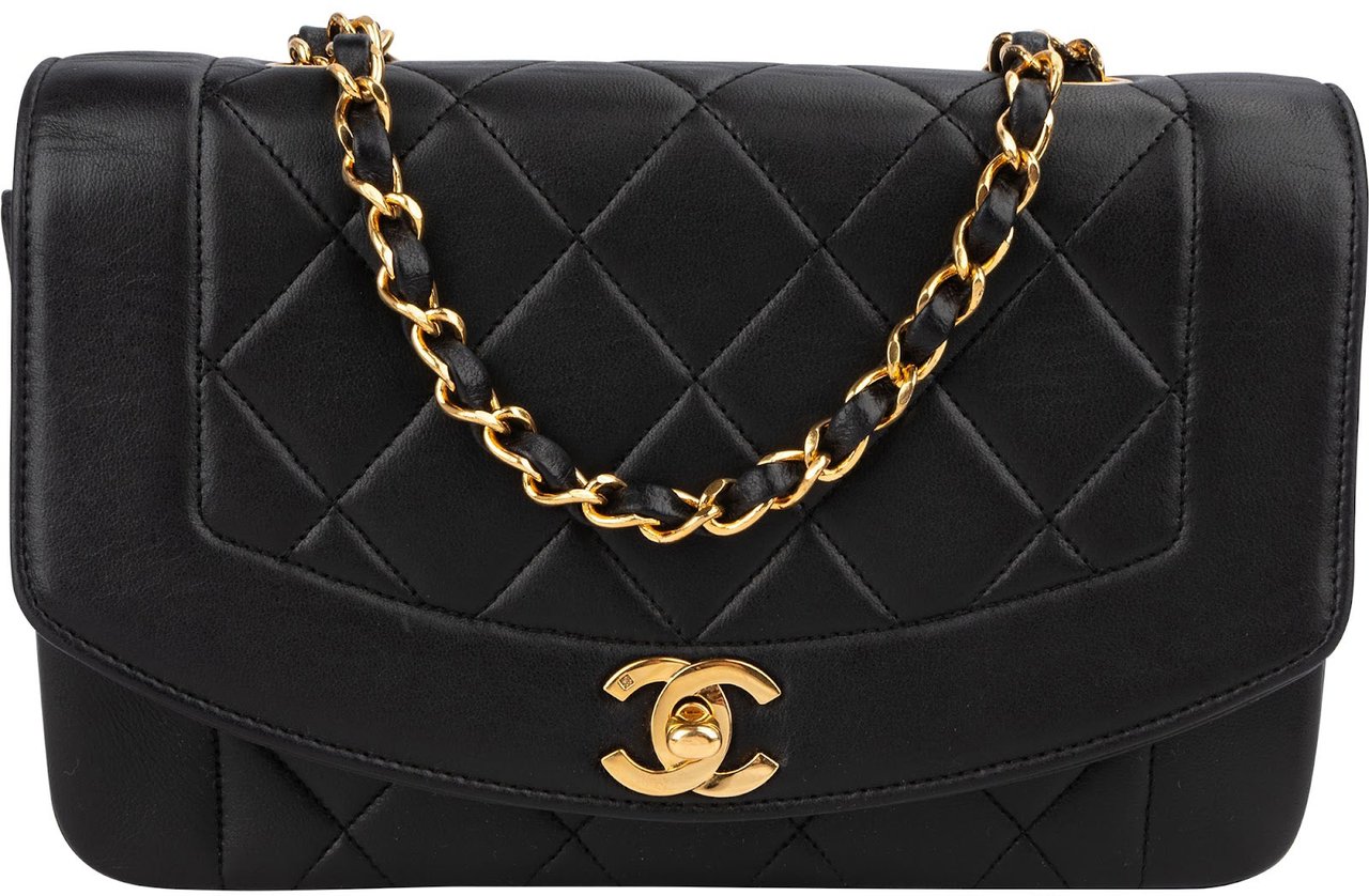 Chanel Quilted Lambskin Diana 24K Gold Single Flap Crossbody Bag Zwart