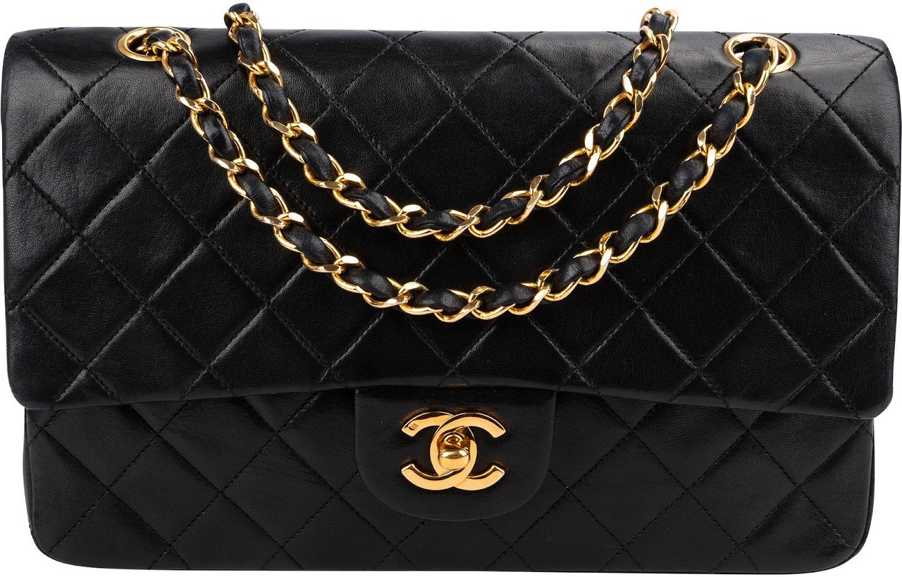 Chanel Quilted Lambskin Medium 24K Gold Double Flap Shoulder Bag Zwart
