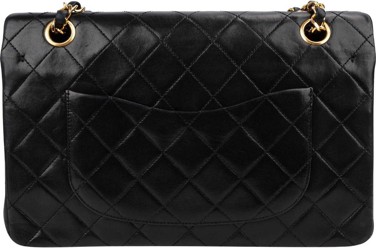 Chanel Quilted Lambskin Medium 24K Gold Double Flap Shoulder Bag Zwart