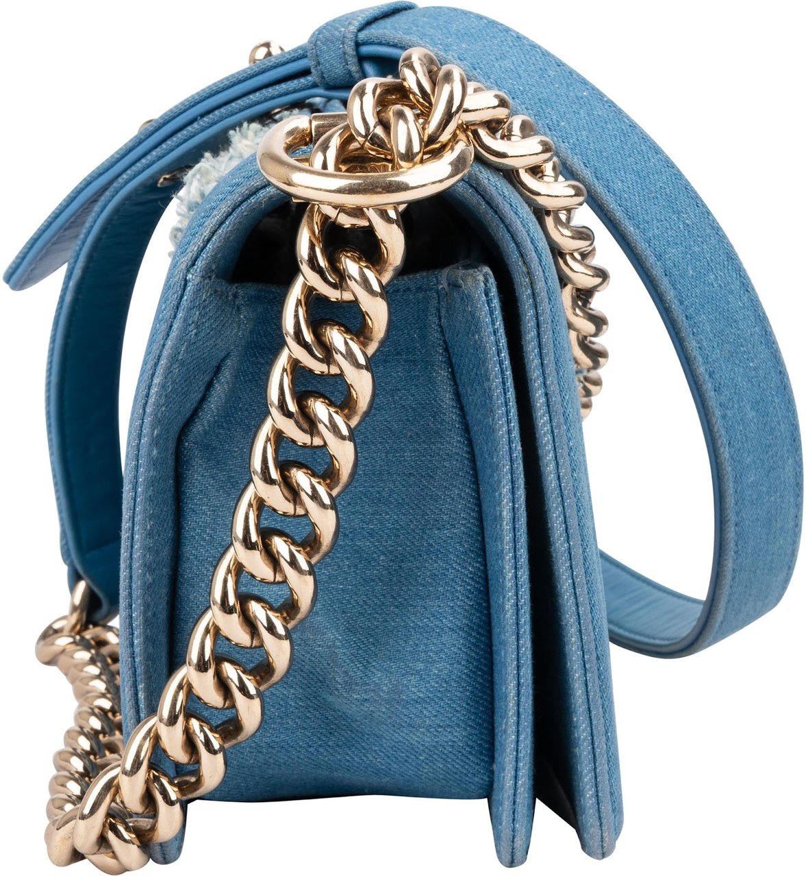 Chanel Denim Frayed Chevron Pleated Small Boy Crossbody Bag Blauw