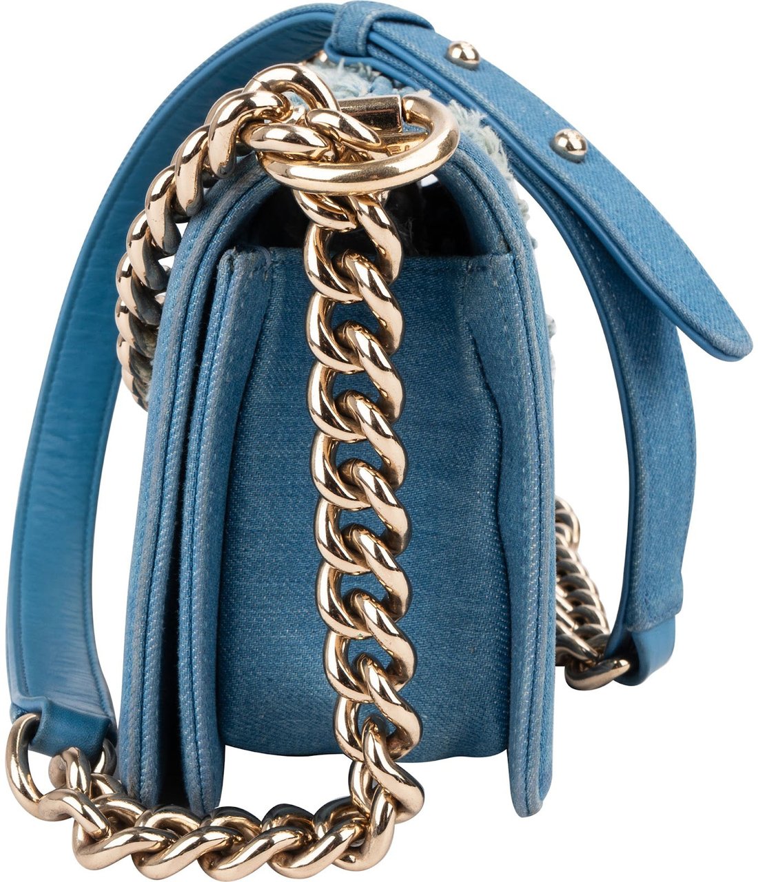 Chanel Denim Frayed Chevron Pleated Small Boy Crossbody Bag Blauw