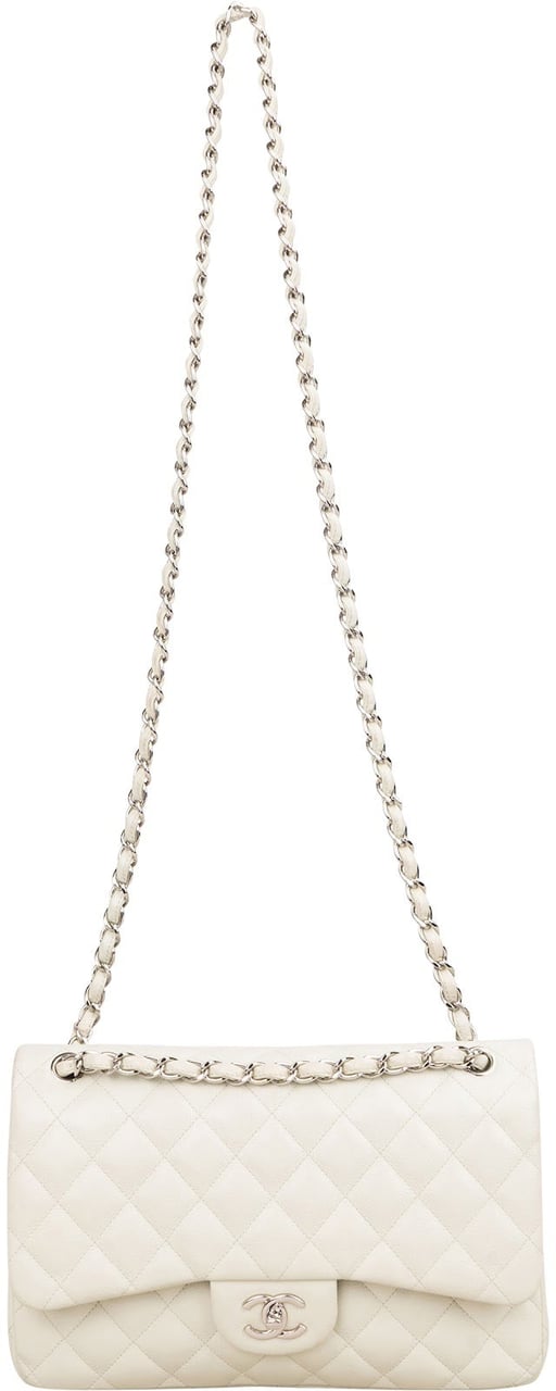 Chanel Quilted Caviar Leather Palladium Jumbo Double Flap Crossbody Bag Beige
